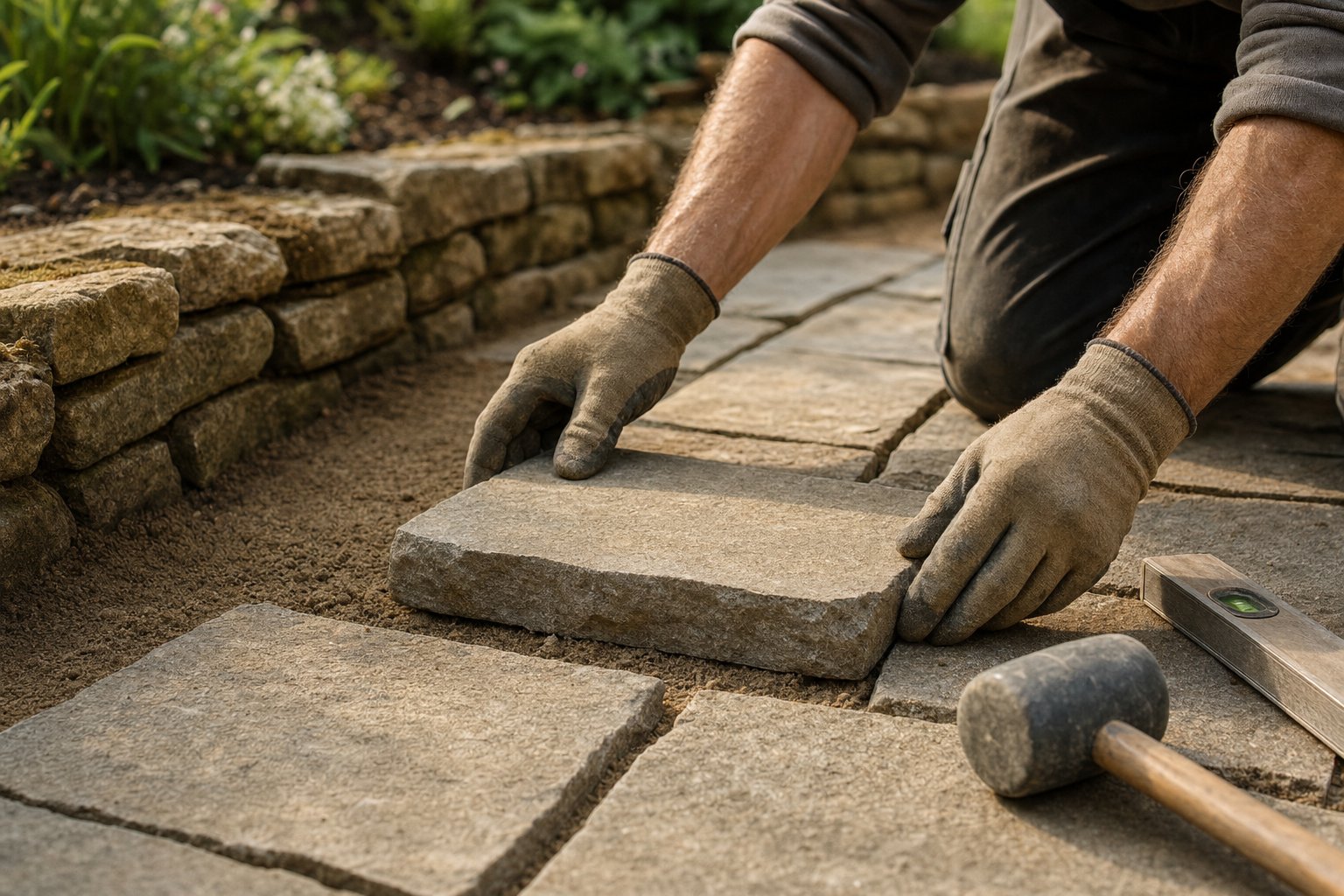 Close-up of hands laying natural stone block paving on a garden path