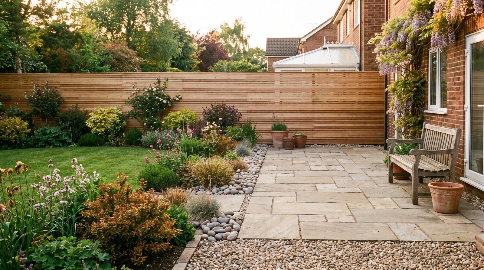 A finished garden with a new timber fence, gravel border and pressure-washed patio