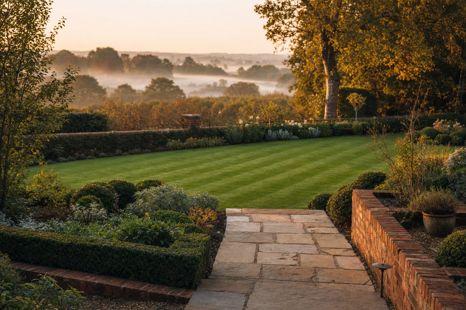 A beautifully landscaped Kent garden with a manicured lawn, natural stone paving and clipped hedging